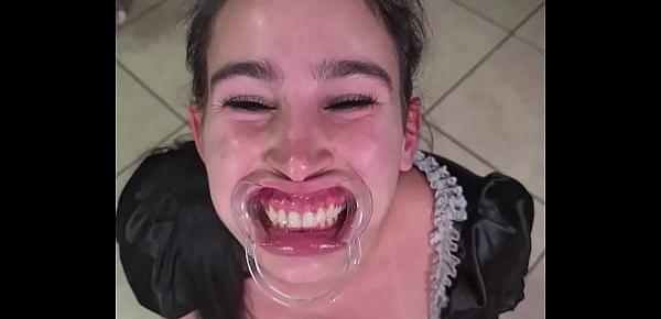  French maid tries to drink her own piss with a lip retractor | funny